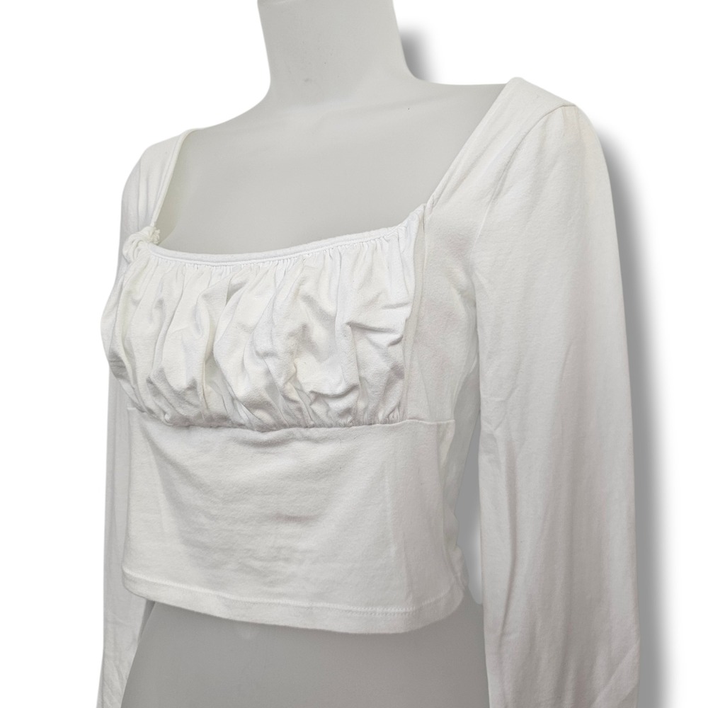 Y2K SO Crop Top S White Long Sleeve Ruching‎ Square Neck Milkmaid Fairy Coquette